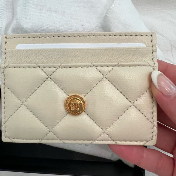 Versace Accessories - Versace Cream Quilted Leather Card Holder with Gold Medallion